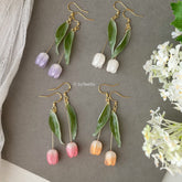 3D Tulip flower dangle earrings, Handmade shrink plastic tulip drop earrings, Pink Orange White purple tulips, Unique gift for her